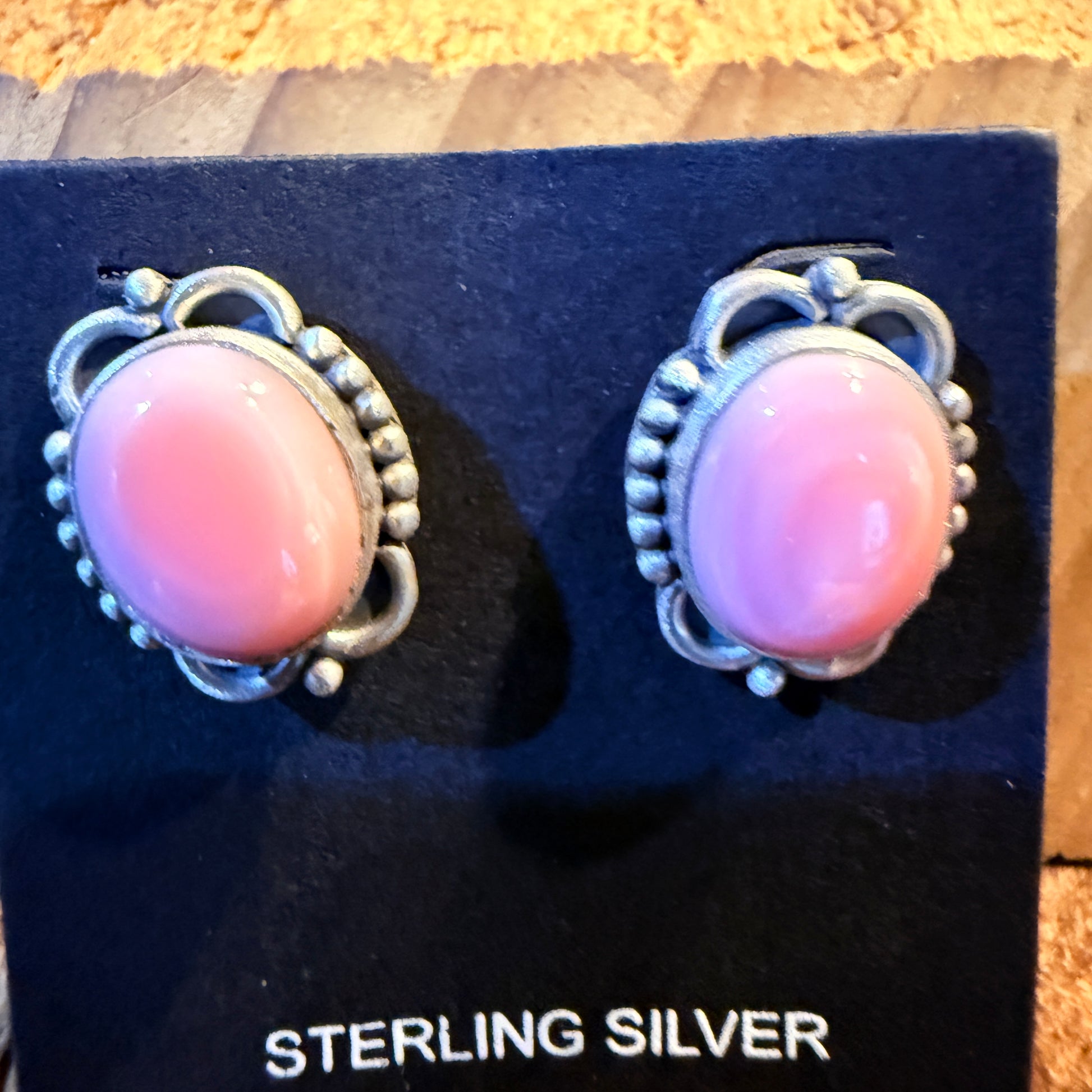 Pink Conch Turquoise Gemstones Stud Earrings in Sterling Silver Wild West Boho