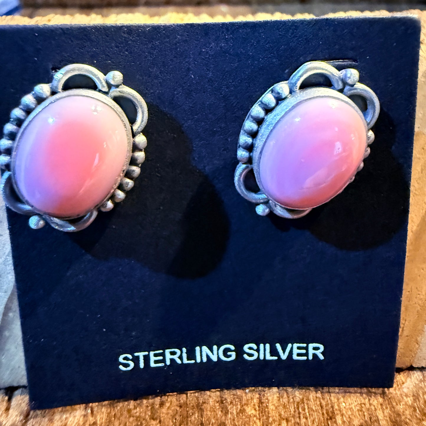 Pink Conch Turquoise Gemstones Stud Earrings in Sterling Silver Wild West Boho