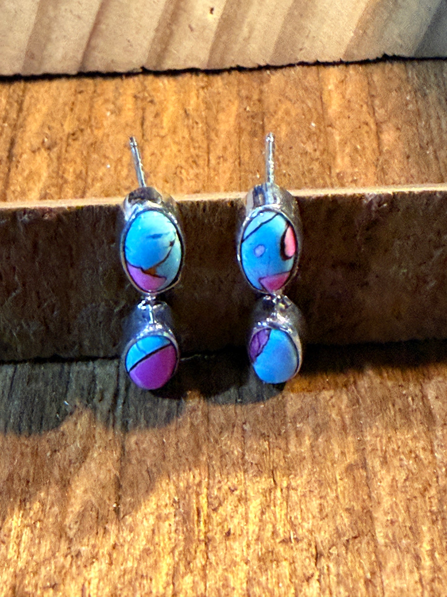 Cotton Candy Turquoise Gemstone Drop Stud Earrings in Sterling Silver Wild West Boho