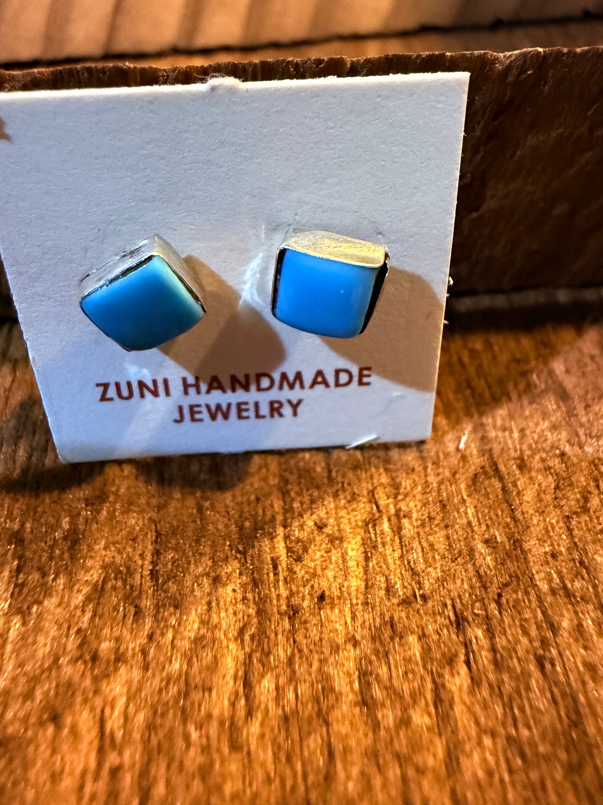 Zuni Handmade Kingman Turquoise Tiny Stud Earrings, Sterling Silver Wild West Boho