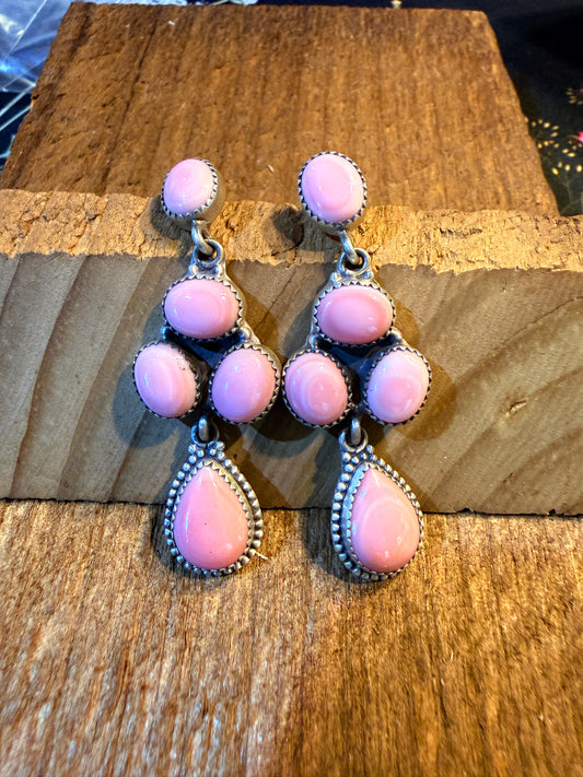 Pink Conch Turquoise Gemstone Huge Cluster Drop Earring Studs in Sterling Silver Wild West Boho