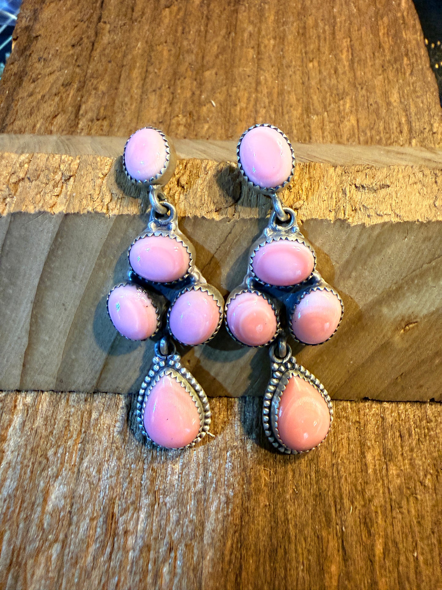 Pink Conch Turquoise Gemstone Huge Cluster Drop Earring Studs in Sterling Silver Wild West Boho