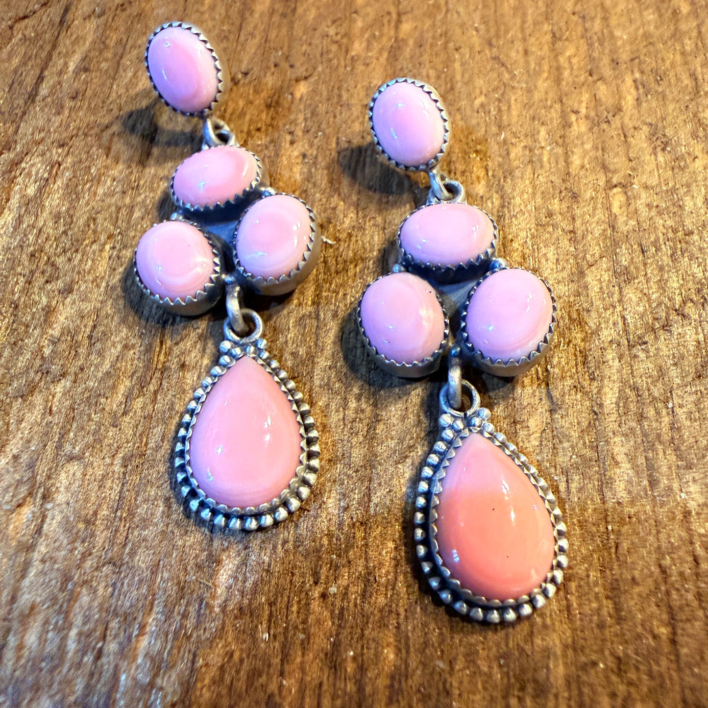 Pink Conch Turquoise Gemstone Huge Cluster Drop Earring Studs in Sterling Silver Wild West Boho