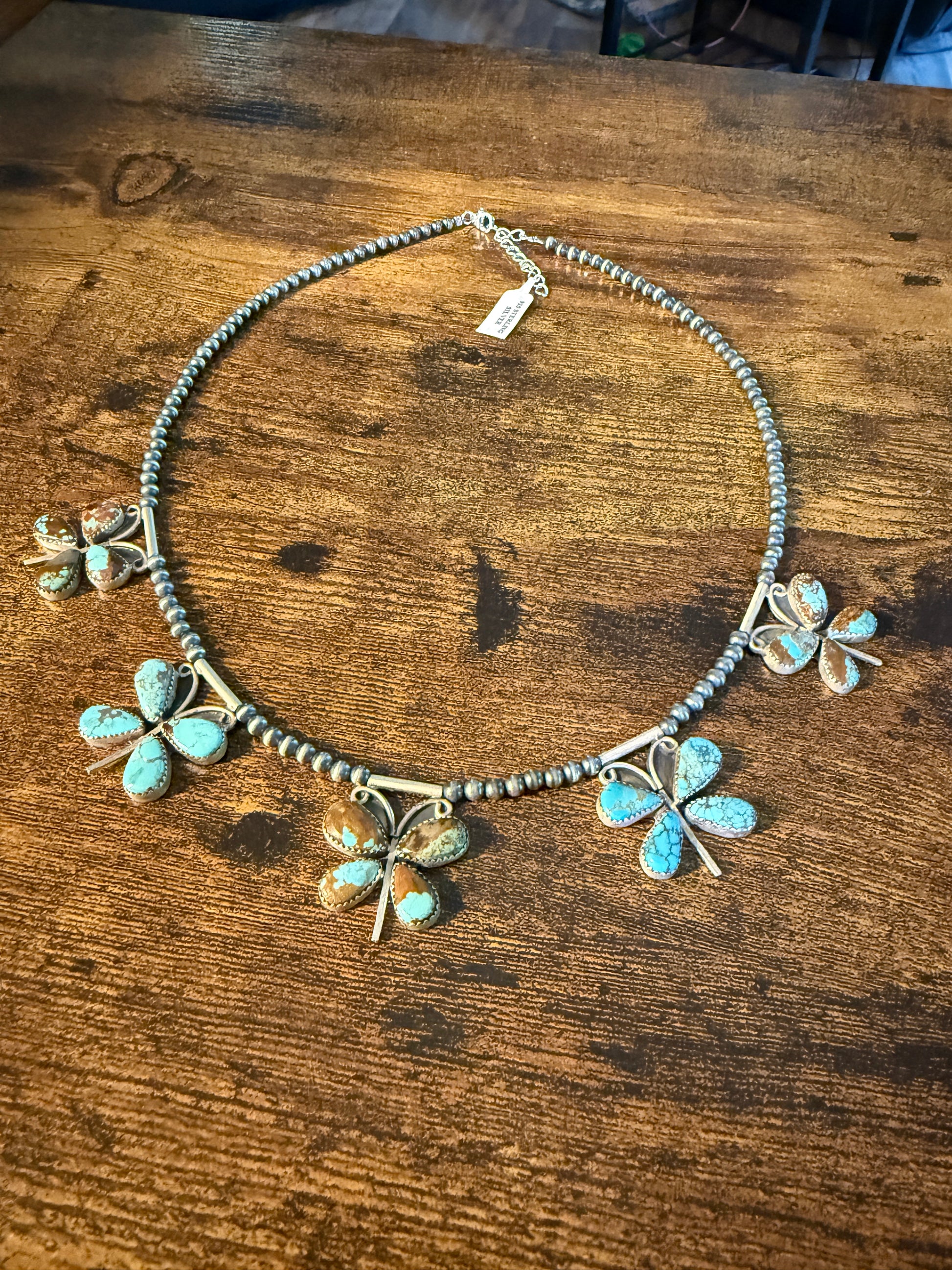 Number 8 Mine Turquoise Gemstone Butterfly Choker Necklace in Sterling Silver Wild West Boho