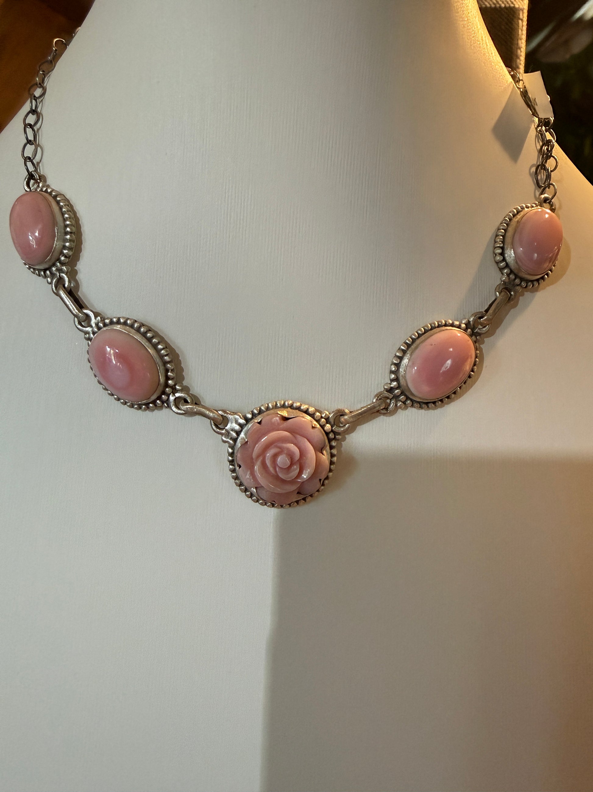 Pink Conch Turquoise Gemstone Rose Choker Necklace in Sterling Silver, 16 Inches Wild West Boho
