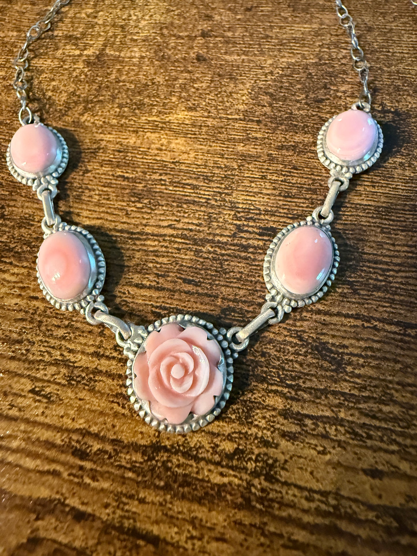 Pink Conch Turquoise Gemstone Rose Choker Necklace in Sterling Silver, 16 Inches Wild West Boho