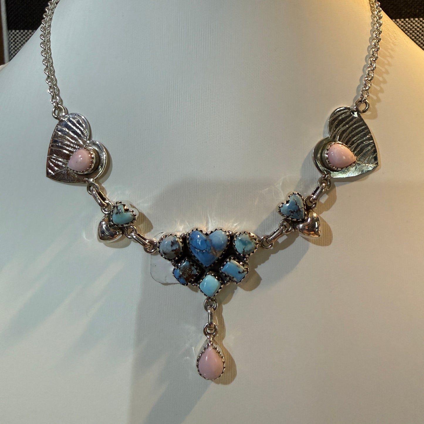 Pink Conch and Golden Hills Heart Choker Necklace in Sterling Silver, 16 Inch Wild West Boho