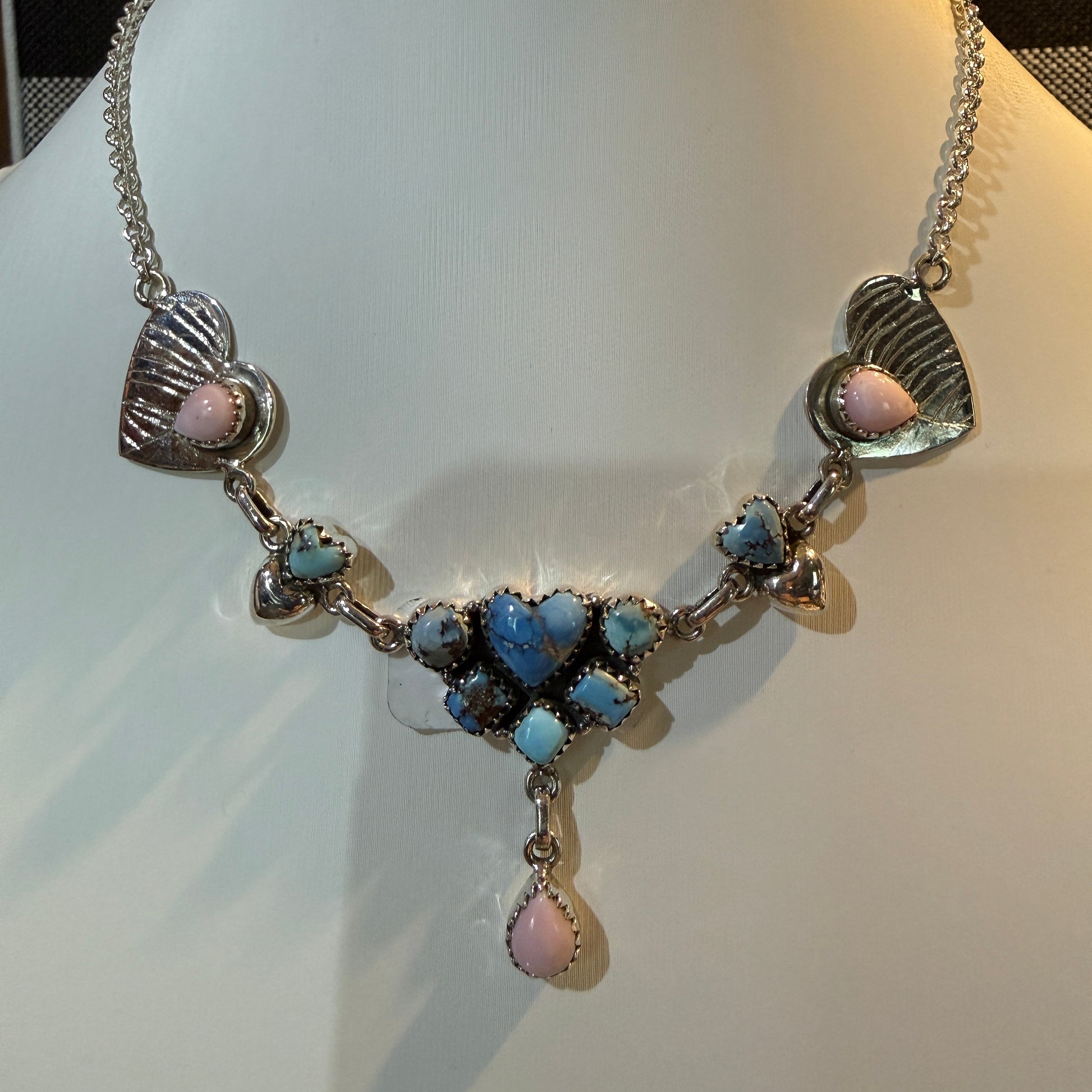 Pink Conch and Golden Hills Heart Choker Necklace in Sterling Silver, 16 Inch Wild West Boho