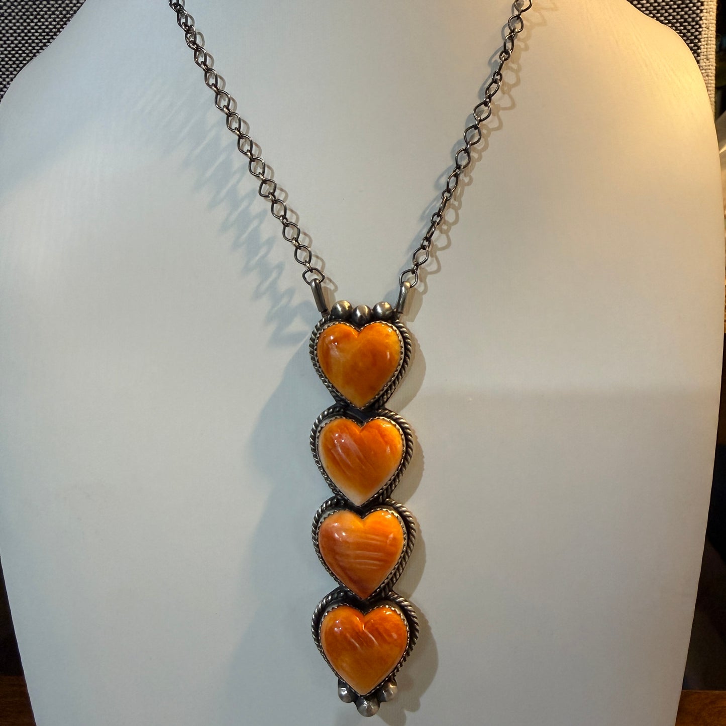 Tia Long Native Handmade Orange Spiny 3.5 Inch Heart Necklace, 18 Inch Rolo Oxidized Chain Wild West Boho