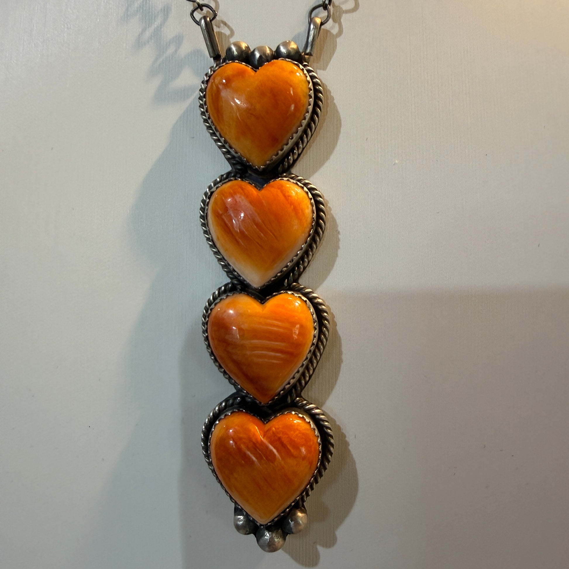 Tia Long Native Handmade Orange Spiny 3.5 Inch Heart Necklace, 18 Inch Rolo Oxidized Chain Wild West Boho