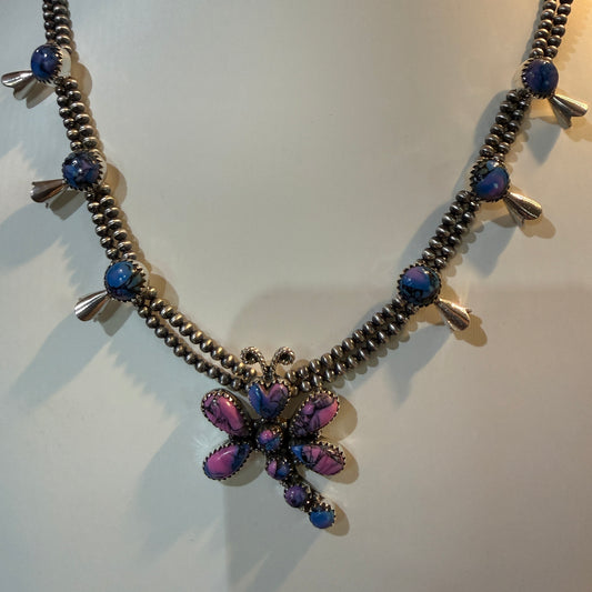 Purple Turquoise Dahlia Dragonfly Blossom Necklace 3mm Desert Pearls in Sterling Silver Wild West Boho