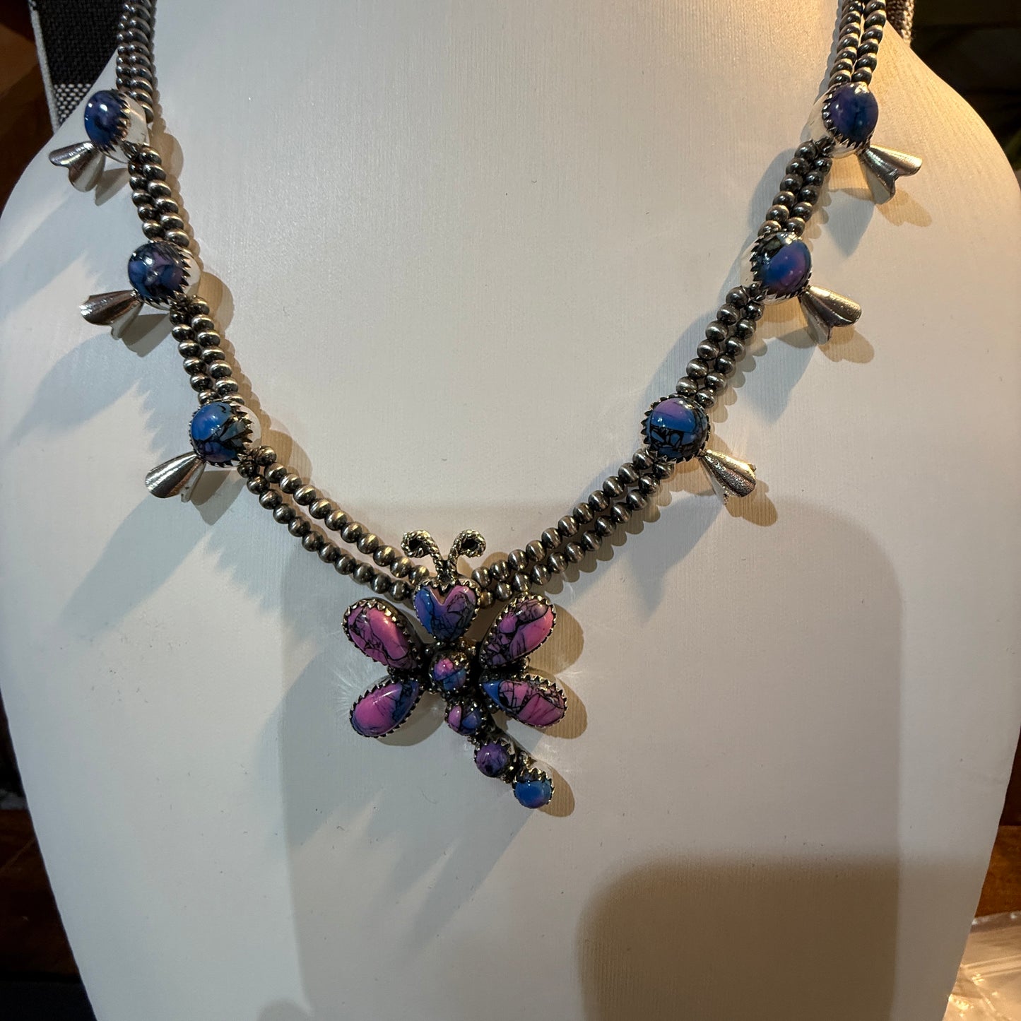 Purple Turquoise Dahlia Dragonfly Blossom Necklace 3mm Desert Pearls in Sterling Silver Wild West Boho