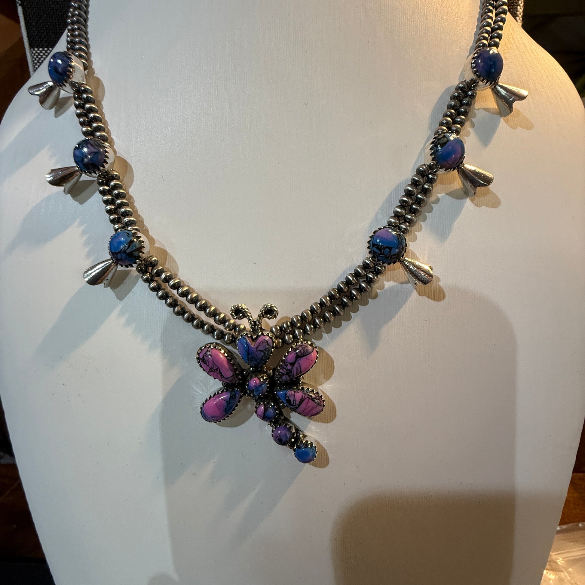 Purple Turquoise Dahlia Dragonfly Blossom Necklace 3mm Desert Pearls in Sterling Silver Wild West Boho