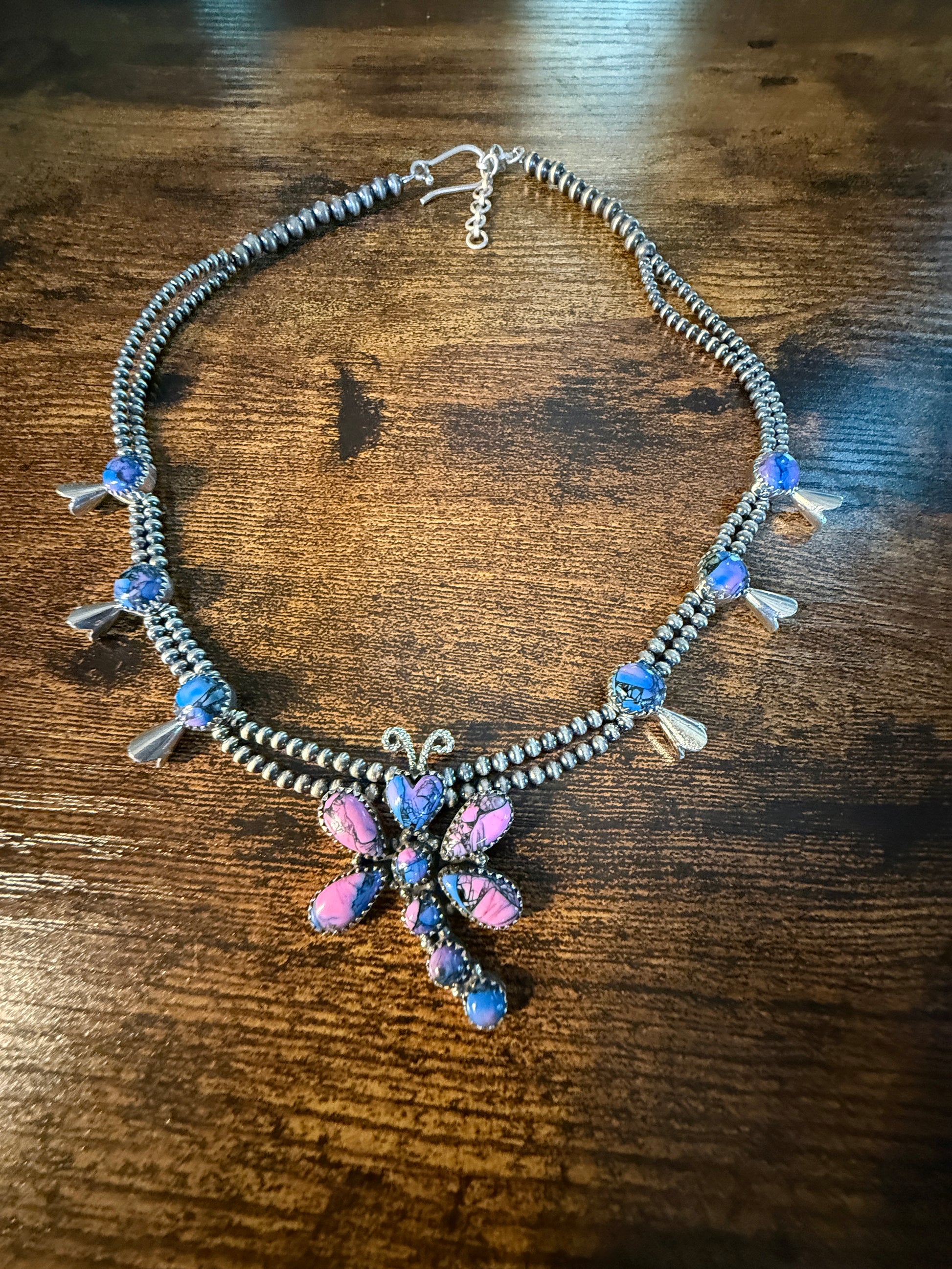 Purple Turquoise Dahlia Dragonfly Blossom Necklace 3mm Desert Pearls in Sterling Silver Wild West Boho
