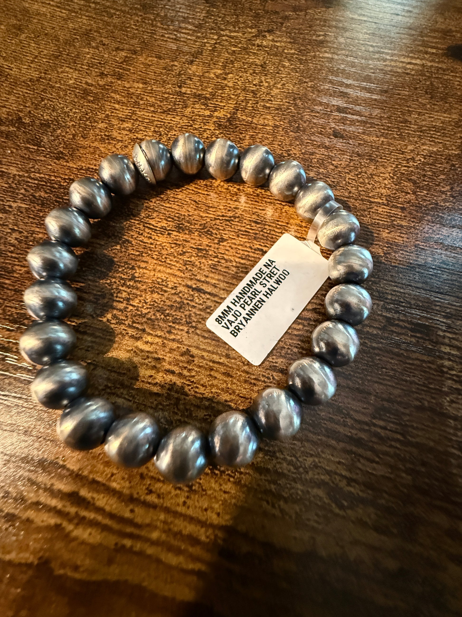 Handmade 8mm Pearl Street Bryannen Halwoo Native Made Stretch Bracelet in Sterling Silver Wild West Boho