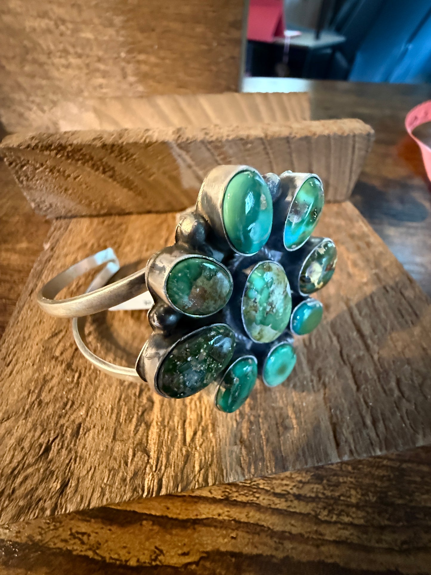 Native Handmade Signed Sonoran Gold Cluster Cuff Bracelet in Sterling Silver Wild West Boho