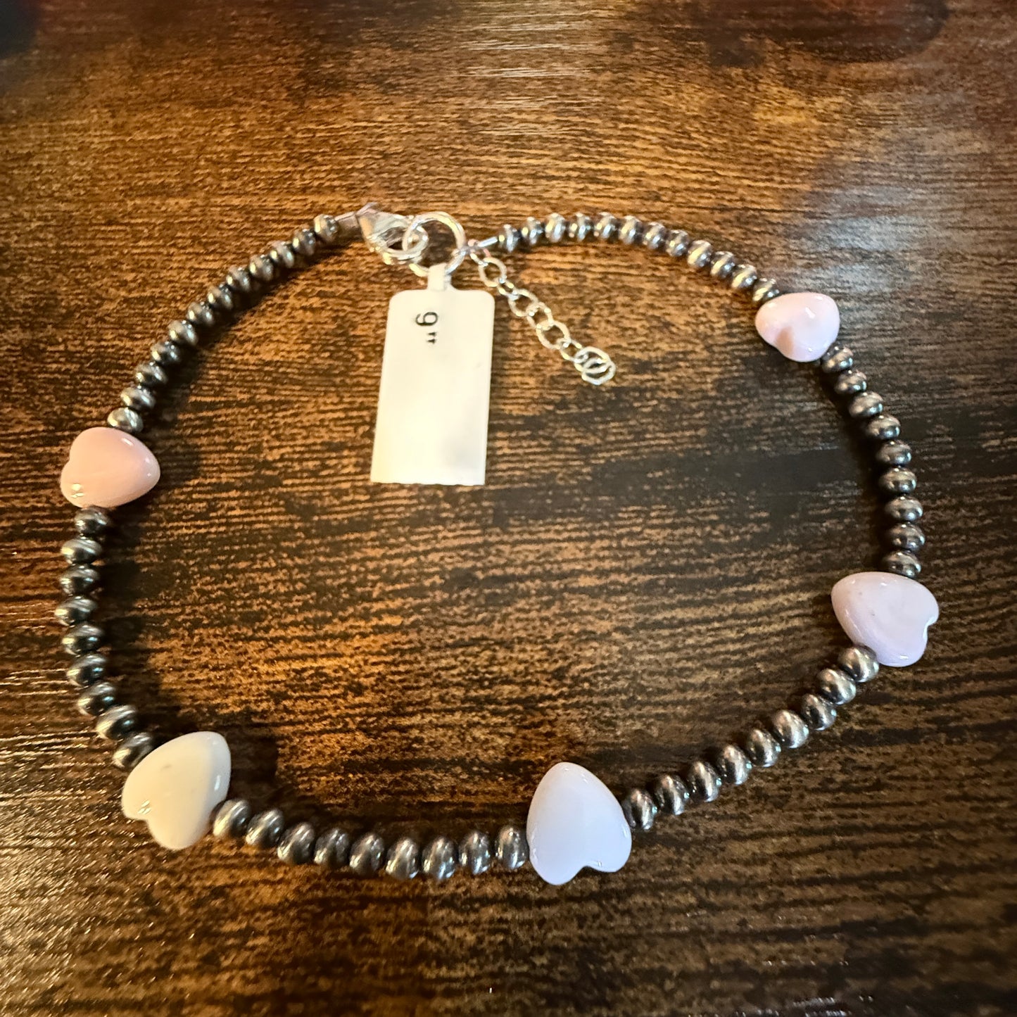 Pink Conch Gemstones 3mm Sterling Silver Beads Anklet, 9 Inch Wild West Boho
