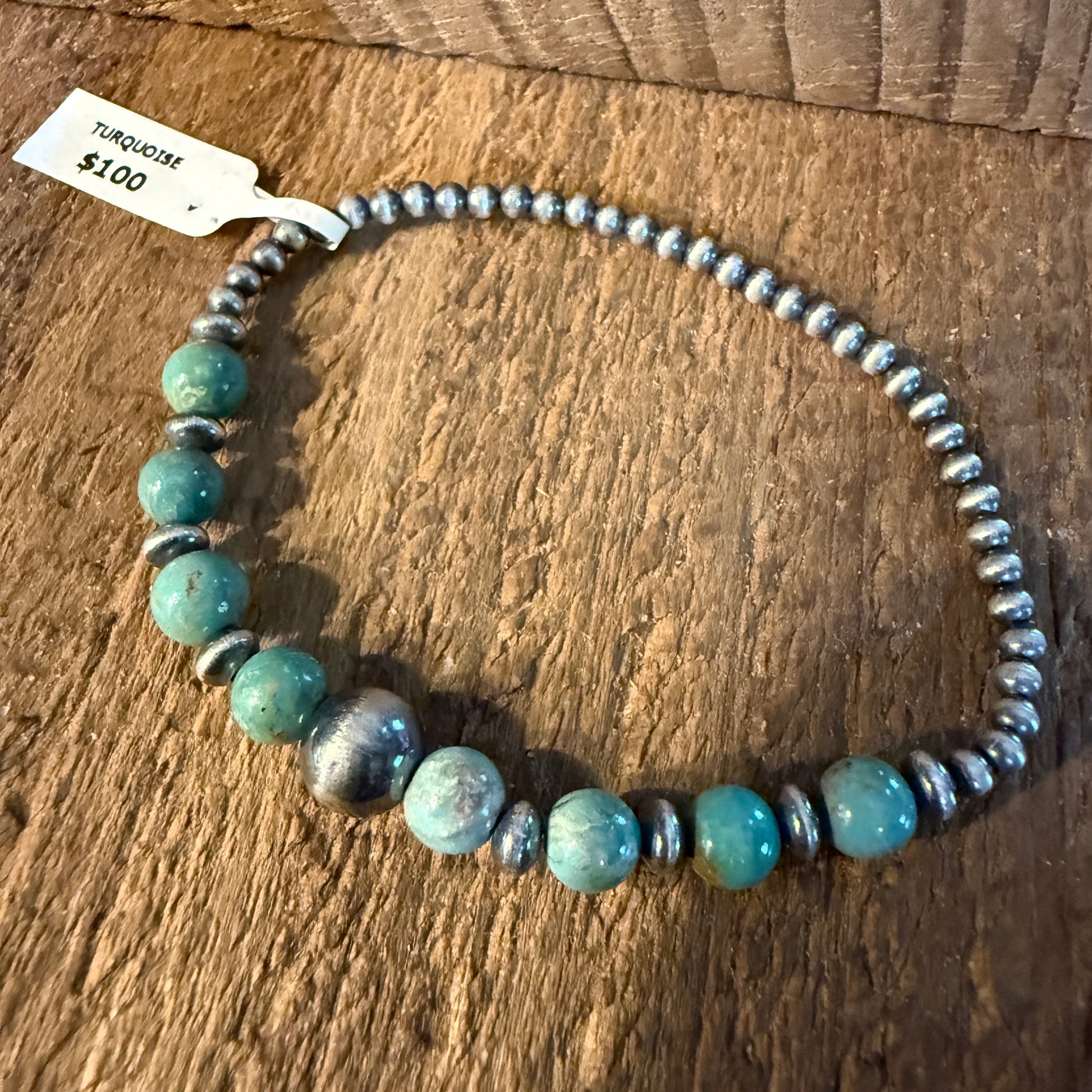 Kingman Turquoise and Sterling Silver 3mm Desert Pearl Stretch Bracelet Wild West Boho