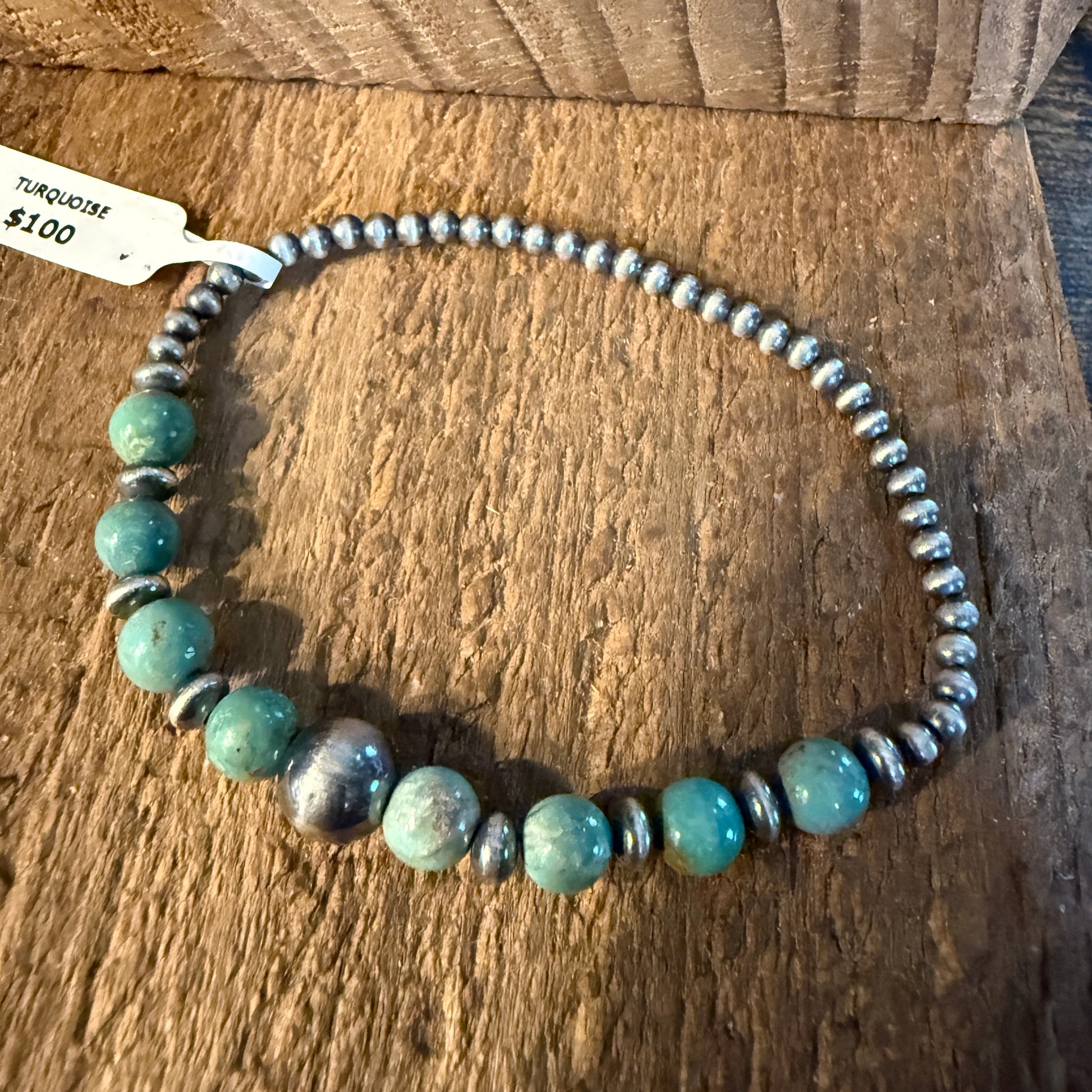 Kingman Turquoise and Sterling Silver 3mm Desert Pearl Stretch Bracelet Wild West Boho