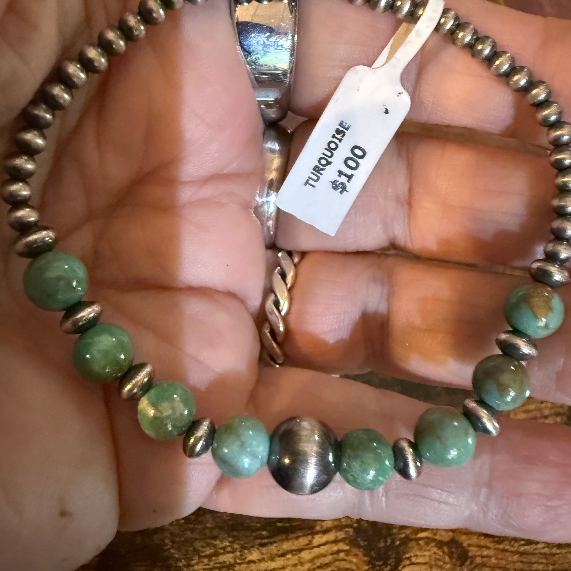 Kingman Turquoise and Sterling Silver 3mm Desert Pearl Stretch Bracelet Wild West Boho