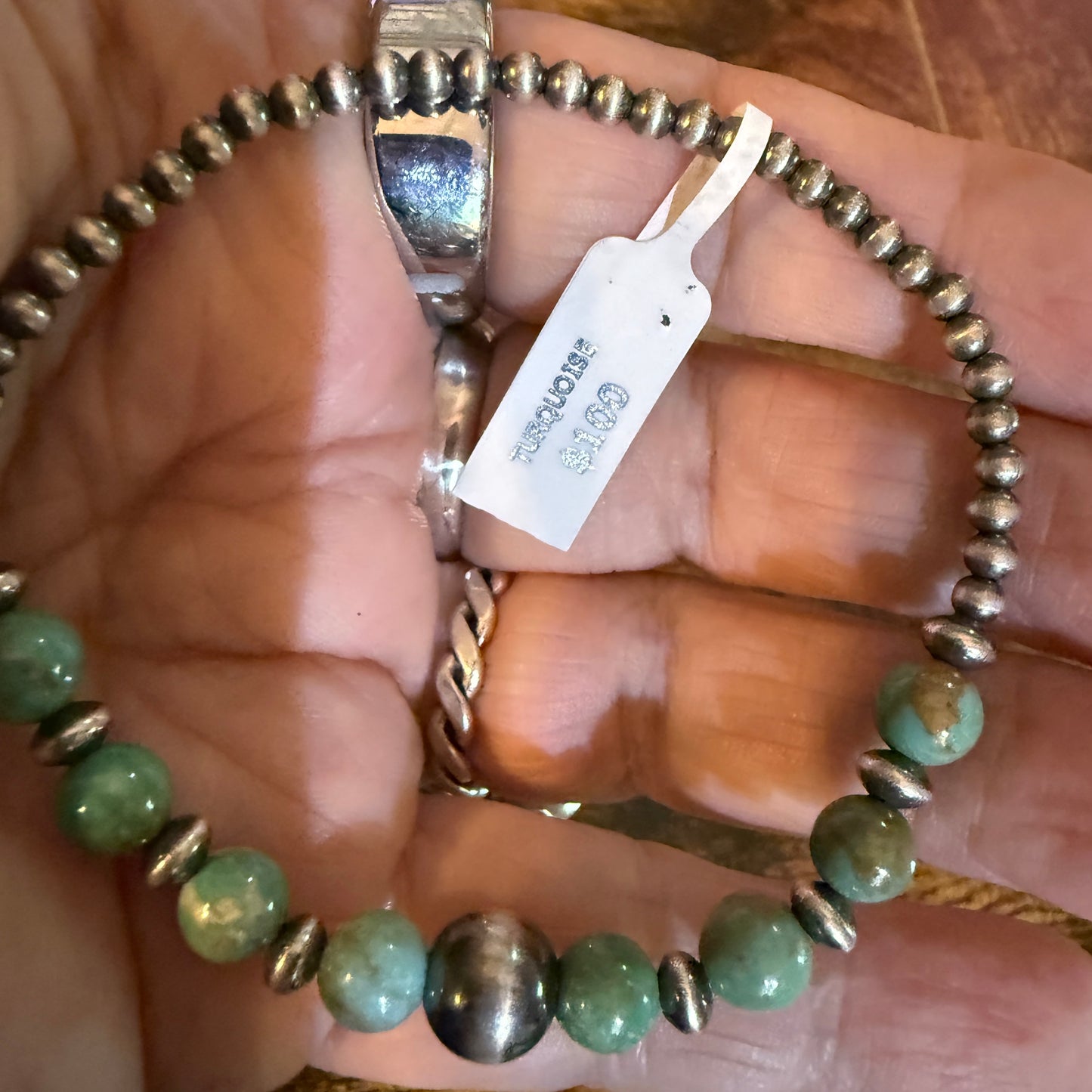 Kingman Turquoise and Sterling Silver 3mm Desert Pearl Stretch Bracelet Wild West Boho