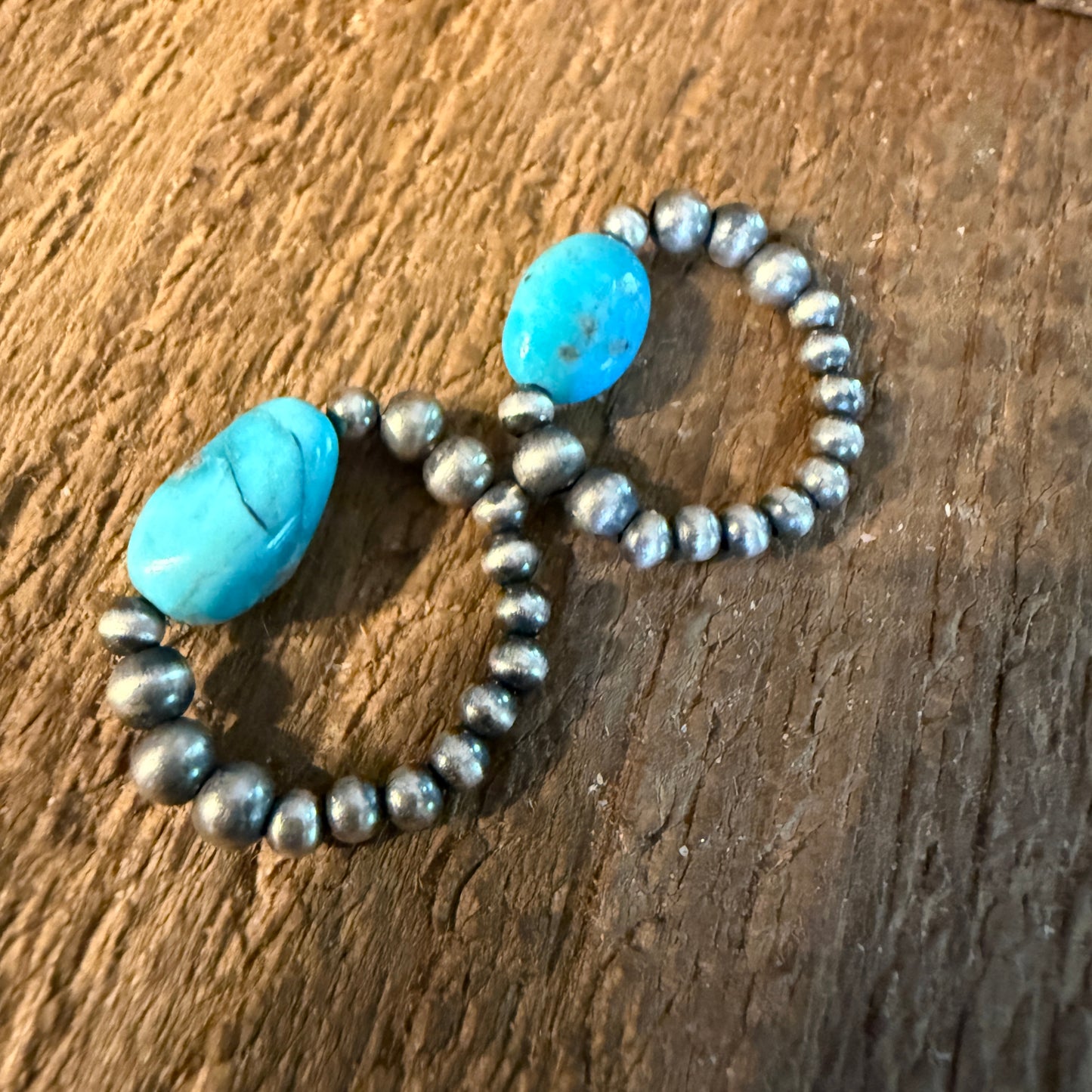 Two Turquoise Stretch 3mm Desert Pearl Rings in Sterling Silver Wild West Boho