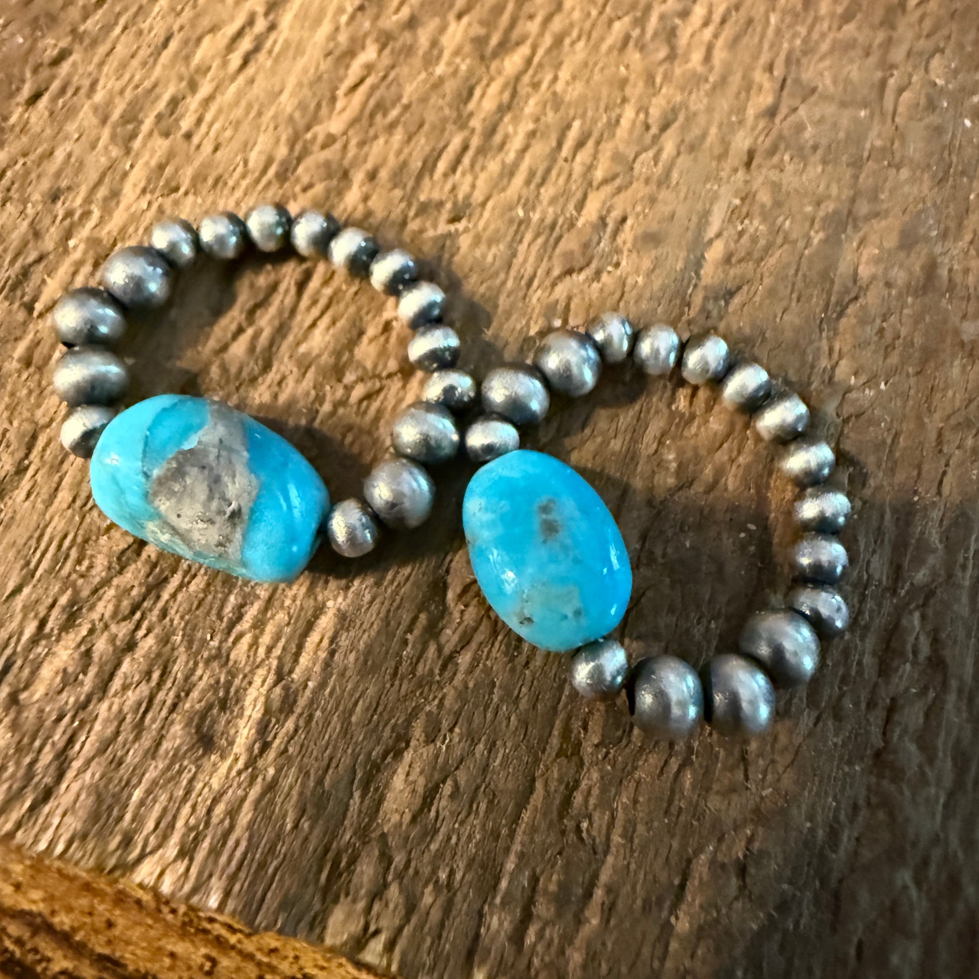 Two Turquoise Stretch 3mm Desert Pearl Rings in Sterling Silver Wild West Boho