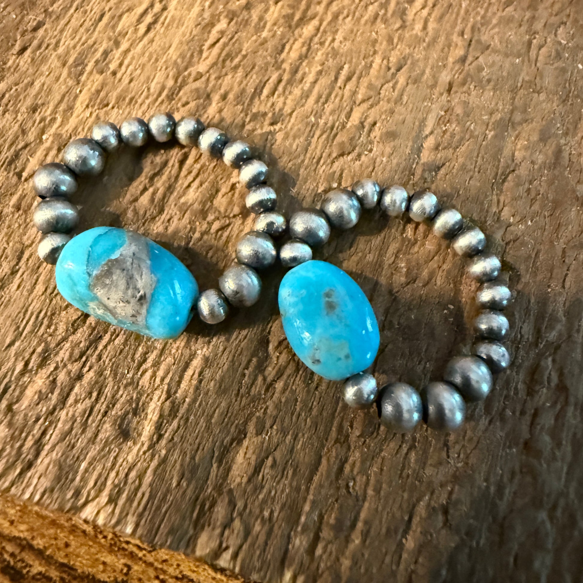Kingman Turquoise Sterling Silver 3mm Desert Pearls Stretch Stacking Rings Wild West Boho