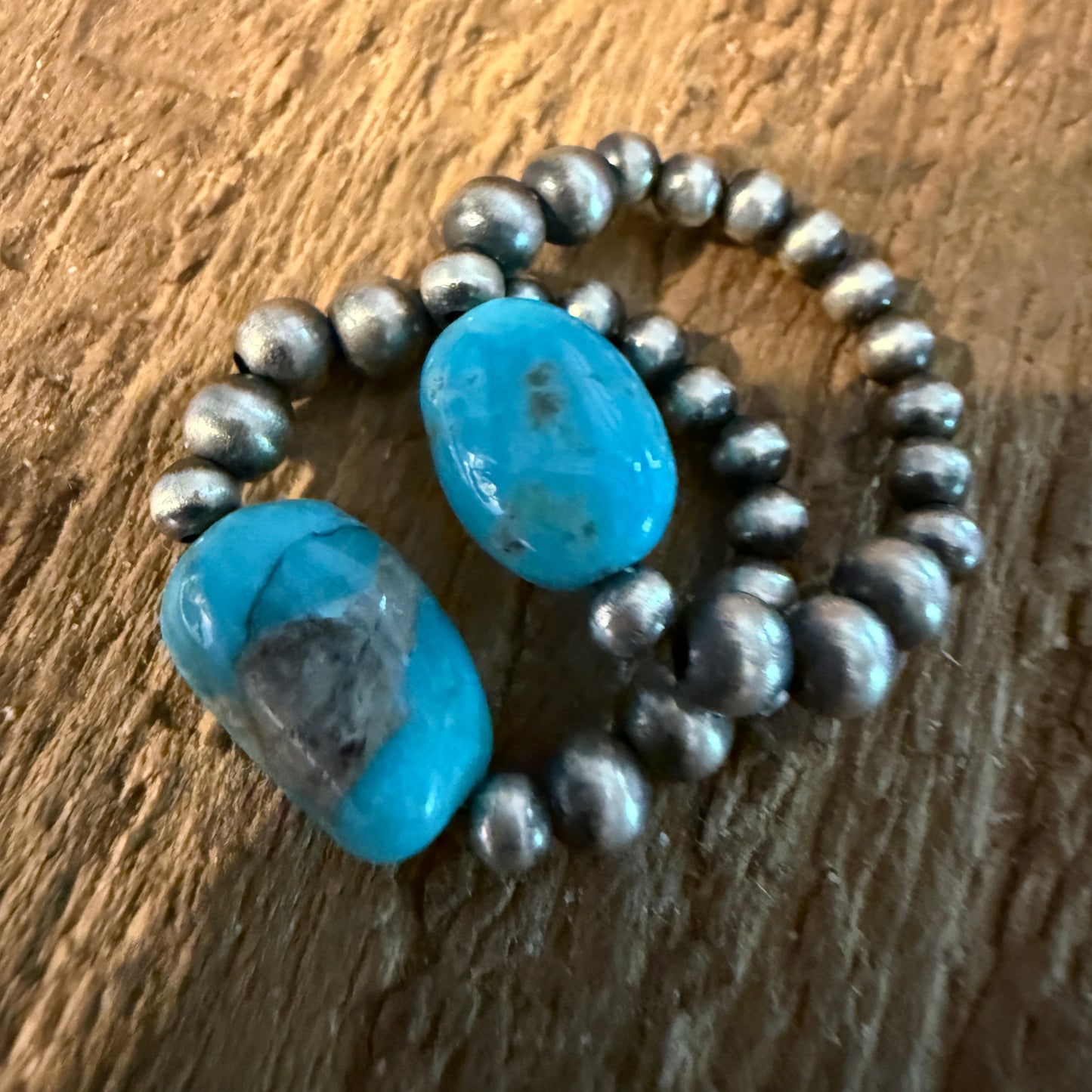 Kingman Turquoise Sterling Silver 3mm Desert Pearls Stretch Stacking Rings Wild West Boho