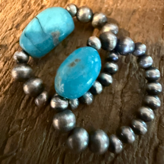 Two Turquoise Stretch 3mm Desert Pearl Rings in Sterling Silver Wild West Boho