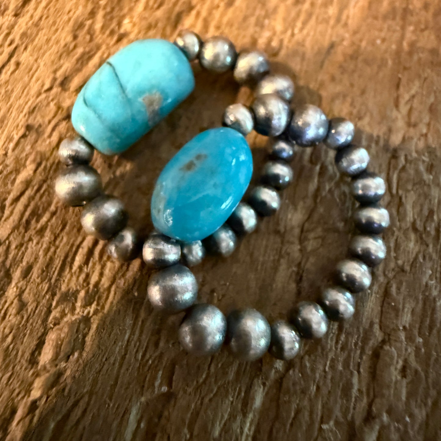 Kingman Turquoise Sterling Silver 3mm Desert Pearls Stretch Stacking Rings Wild West Boho
