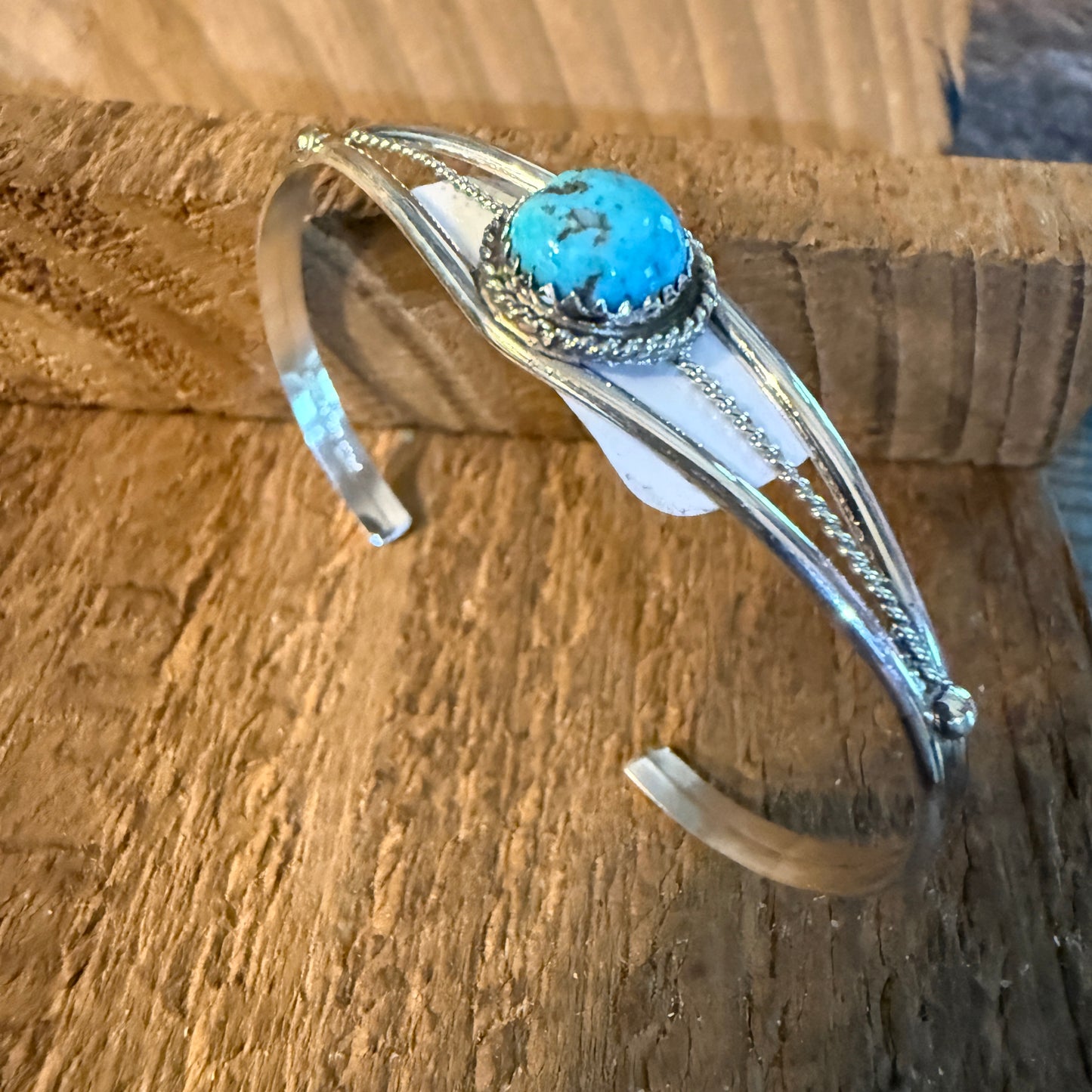Ester White Navajo Handmade Kingman Turquoise Cuff Bangle in Sterling Silver, Size Small Wild West Boho