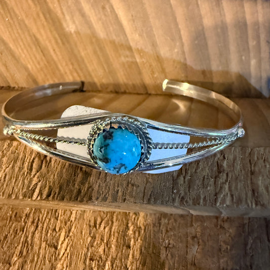 Ester White Navajo Handmade Kingman Turquoise Cuff Bangle in Sterling Silver, Size Small Wild West Boho