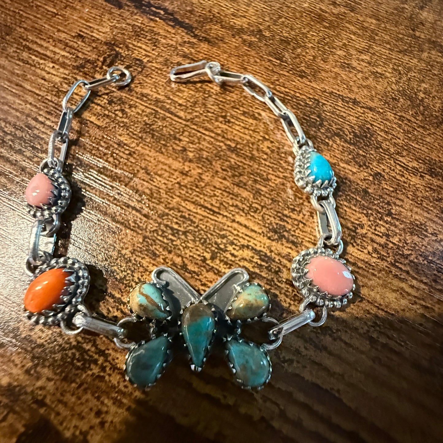 Number 8 Pink Conch Orange Spiny Gemstone Butterfly Bracelet in Sterling Silver 7.5 Inch Wild West Boho