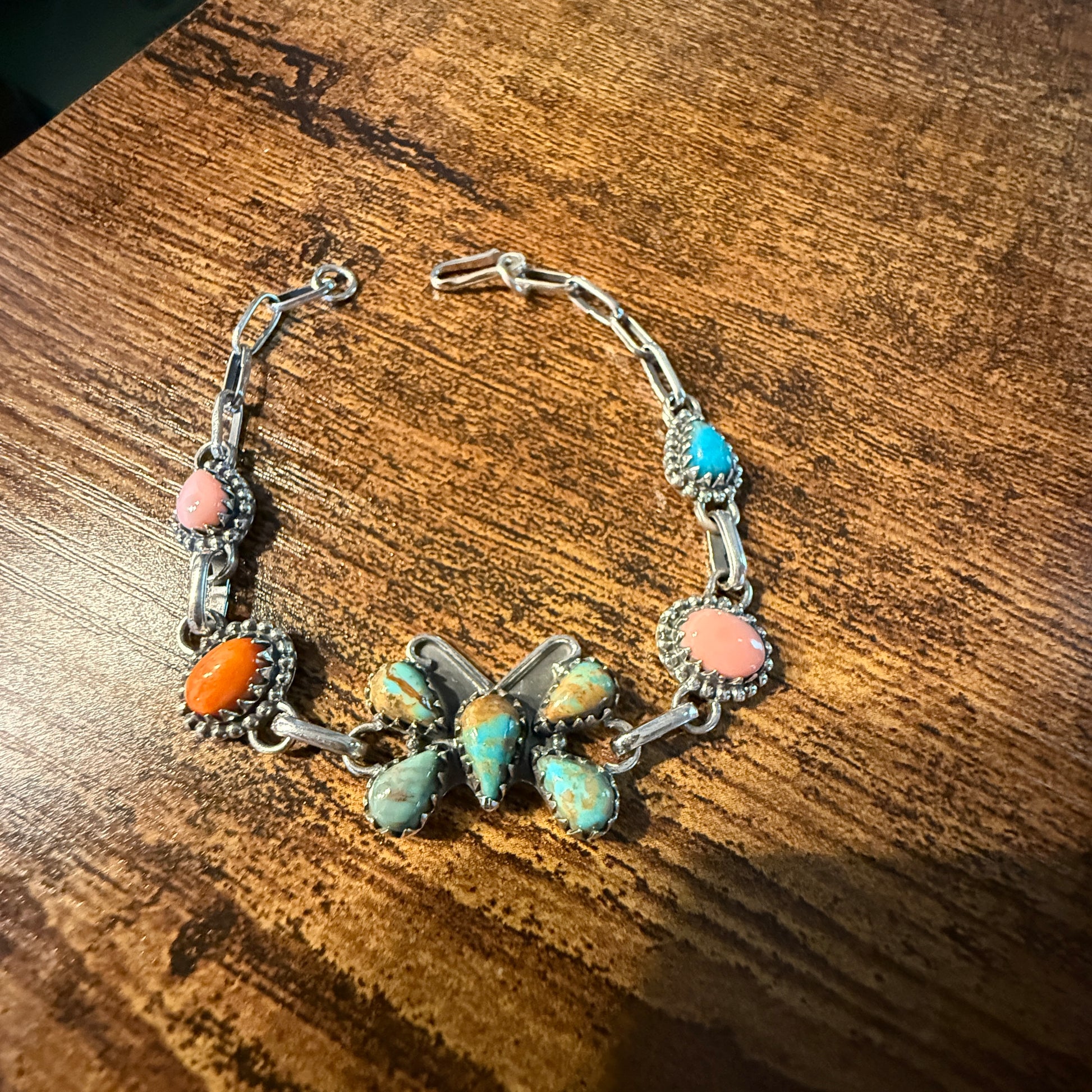 Number 8 Pink Conch Orange Spiny Gemstone Butterfly Bracelet in Sterling Silver 7.5 Inch Wild West Boho