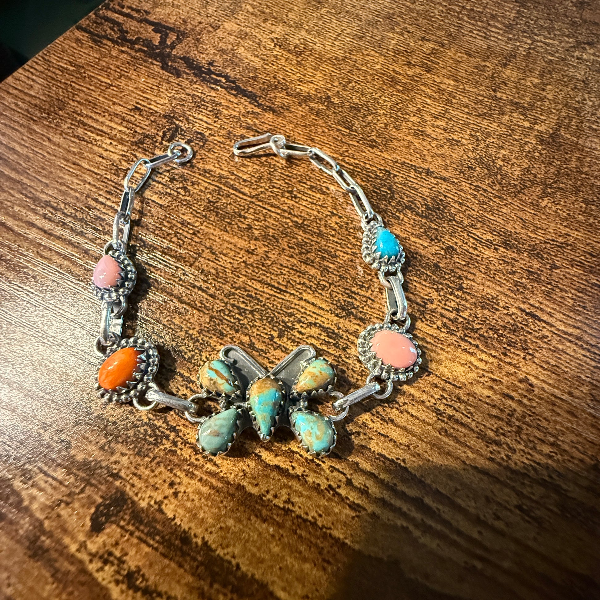 Number 8 Pink Conch Orange Spiny Gemstone Butterfly Bracelet in Sterling Silver 7.5 Inch Wild West Boho
