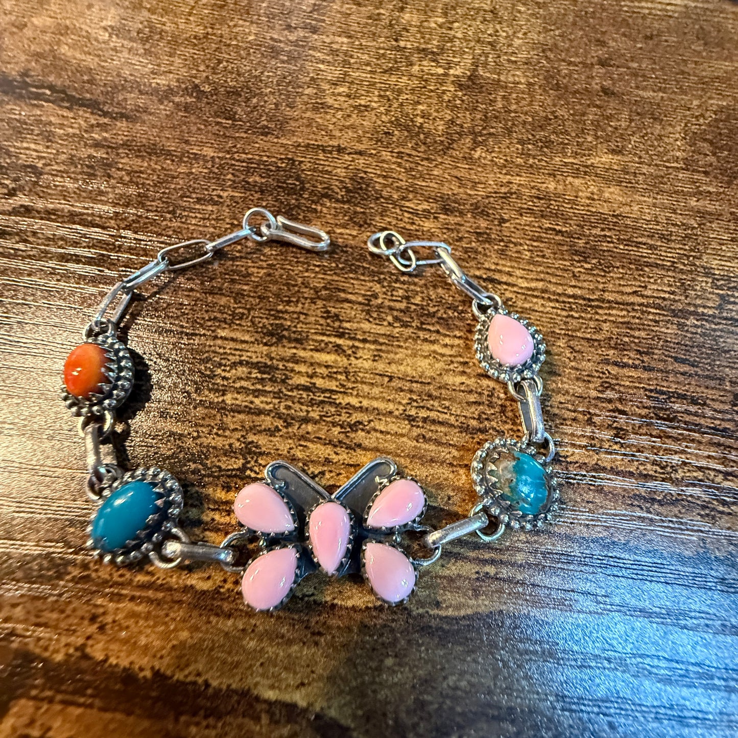 Pink Conch Orange Spiny Blue Ridge Turquoise Butterfly Link Bracelet in Sterling Silver, 7.5 Inches Wild West Boho