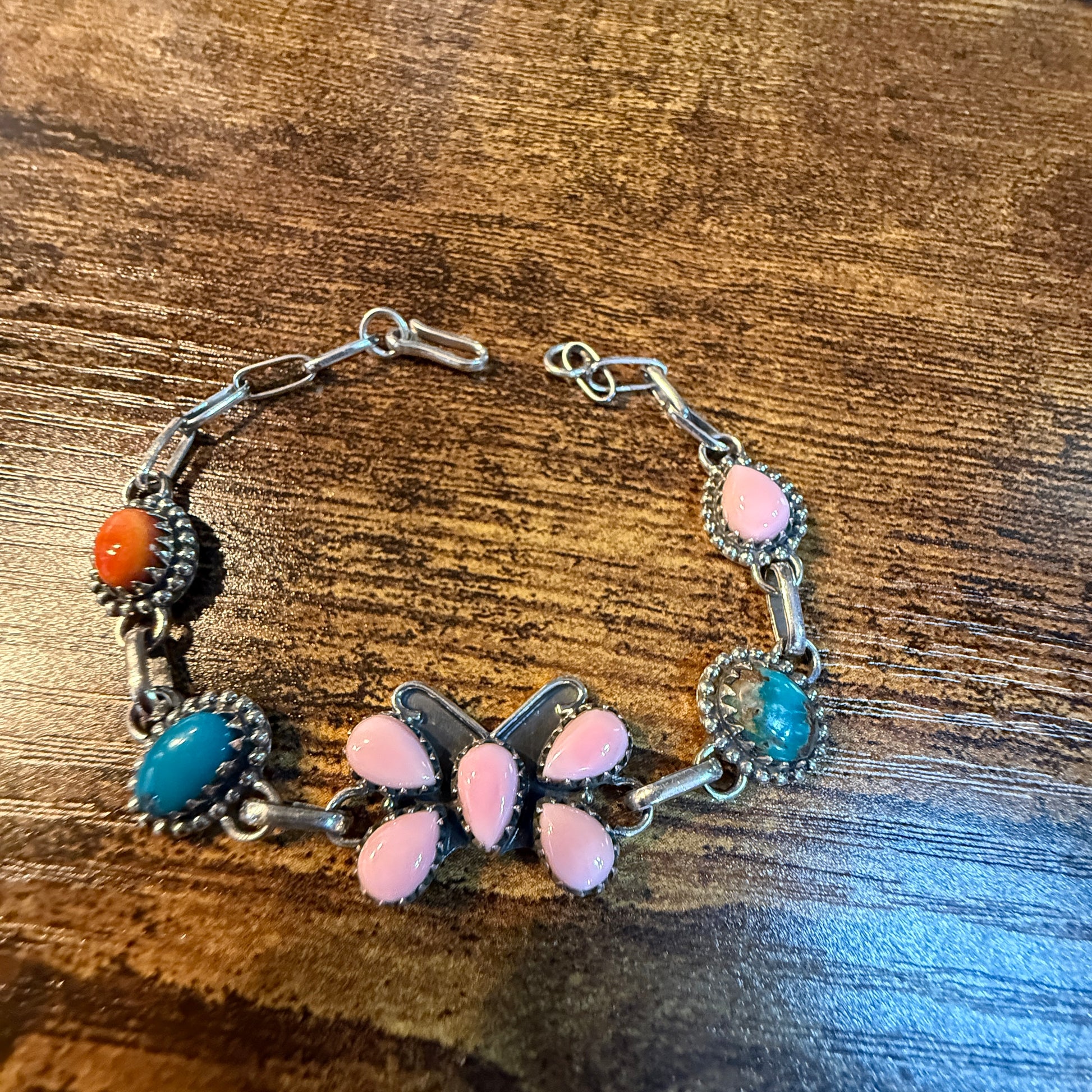 Pink Conch Orange Spiny Blue Ridge Turquoise Butterfly Link Bracelet in Sterling Silver, 7.5 Inches Wild West Boho