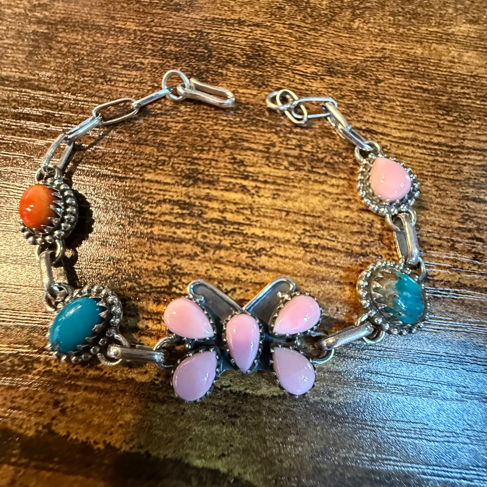 Pink Conch Orange Spiny Blue Ridge Turquoise Butterfly Link Bracelet in Sterling Silver, 7.5 Inches Wild West Boho