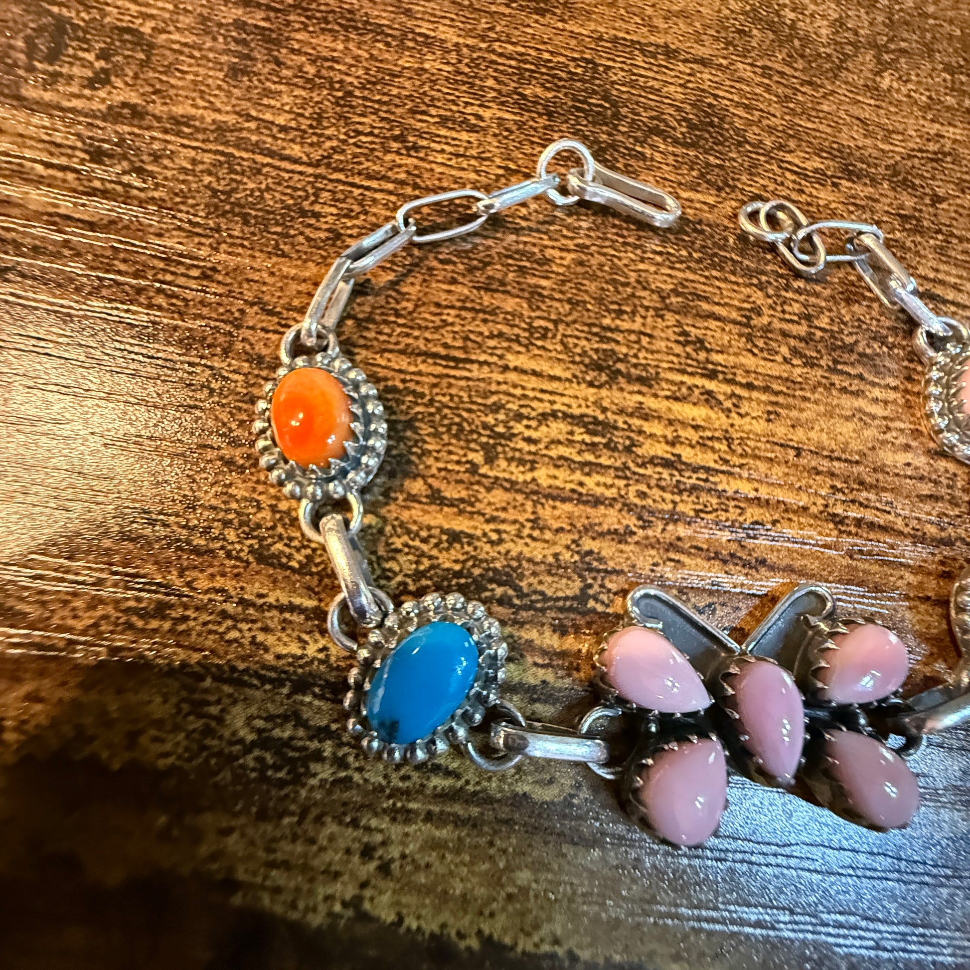 Pink Conch Orange Spiny Blue Ridge Turquoise Butterfly Link Bracelet in Sterling Silver, 7.5 Inches Wild West Boho