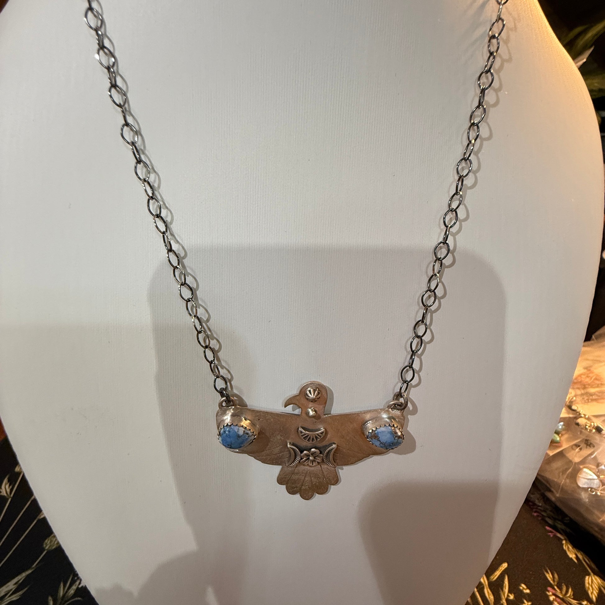 Golden Hills Turquoise Thunderbird Necklace in Sterling Silver, 18 Inch Rolo Chain Wild West Boho