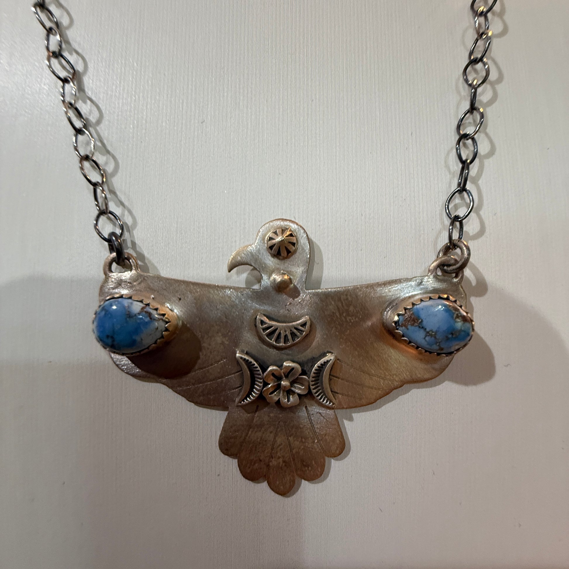 Golden Hills Turquoise Thunderbird Necklace in Sterling Silver, 18 Inch Rolo Chain Wild West Boho
