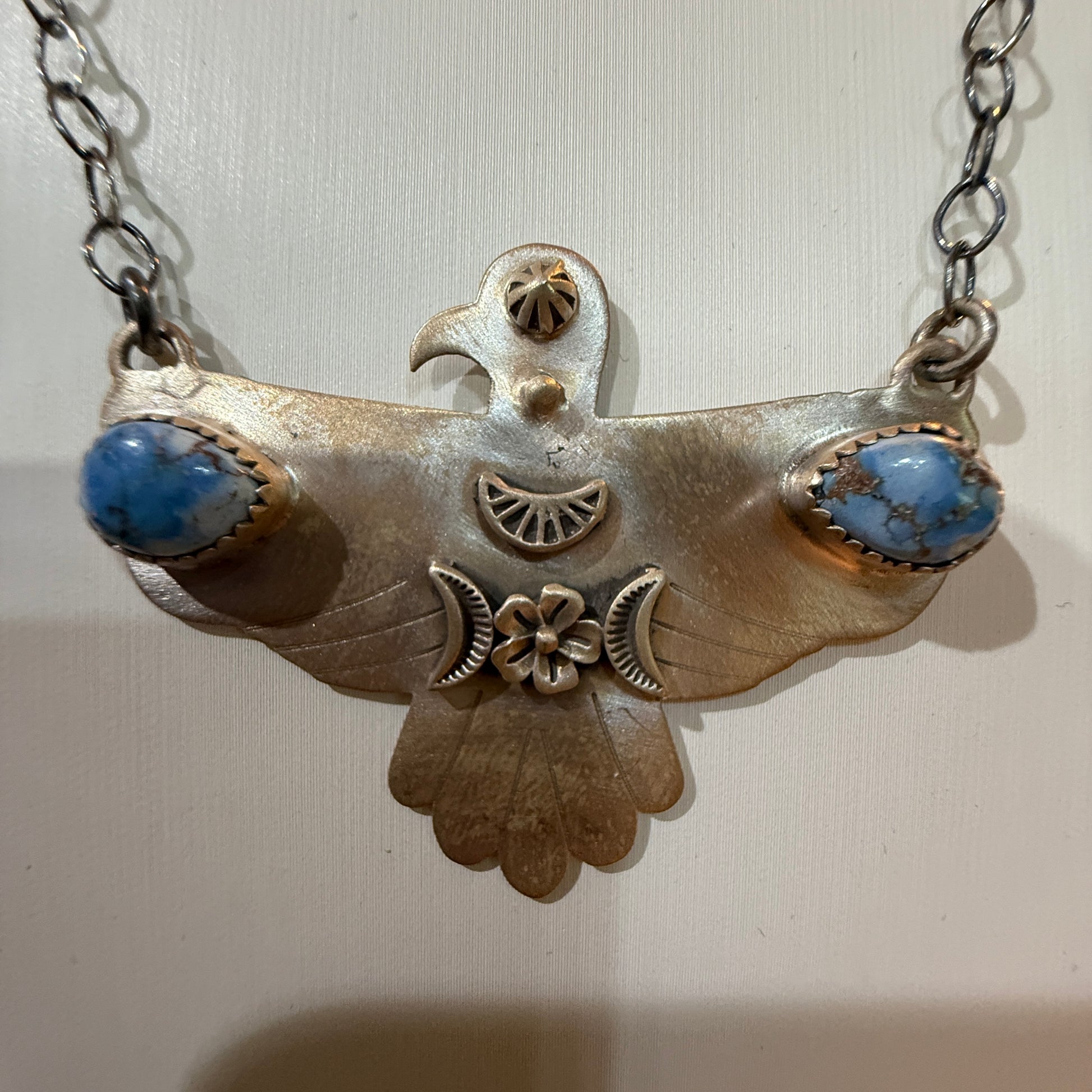 Golden Hills Turquoise Thunderbird Necklace in Sterling Silver, 18 Inch Rolo Chain Wild West Boho