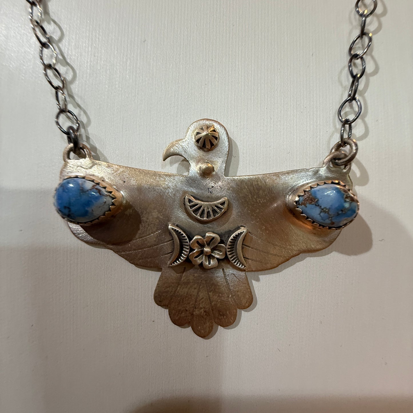 Golden Hills Turquoise Thunderbird Necklace in Sterling Silver, 18 Inch Rolo Chain Wild West Boho