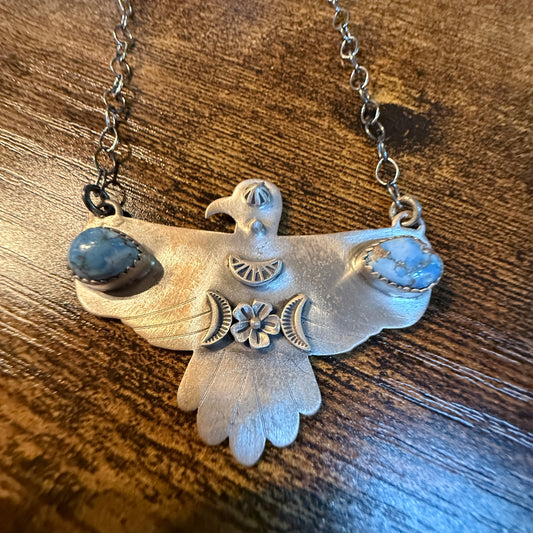 Golden Hills Turquoise Thunderbird Necklace in Sterling Silver, 18 Inch Rolo Chain Wild West Boho