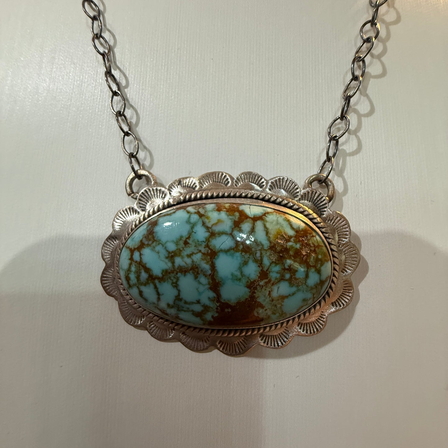 Number 8 Mine Turquoise Gemstone Pendant Necklace in Sterling Silver Wild West Boho