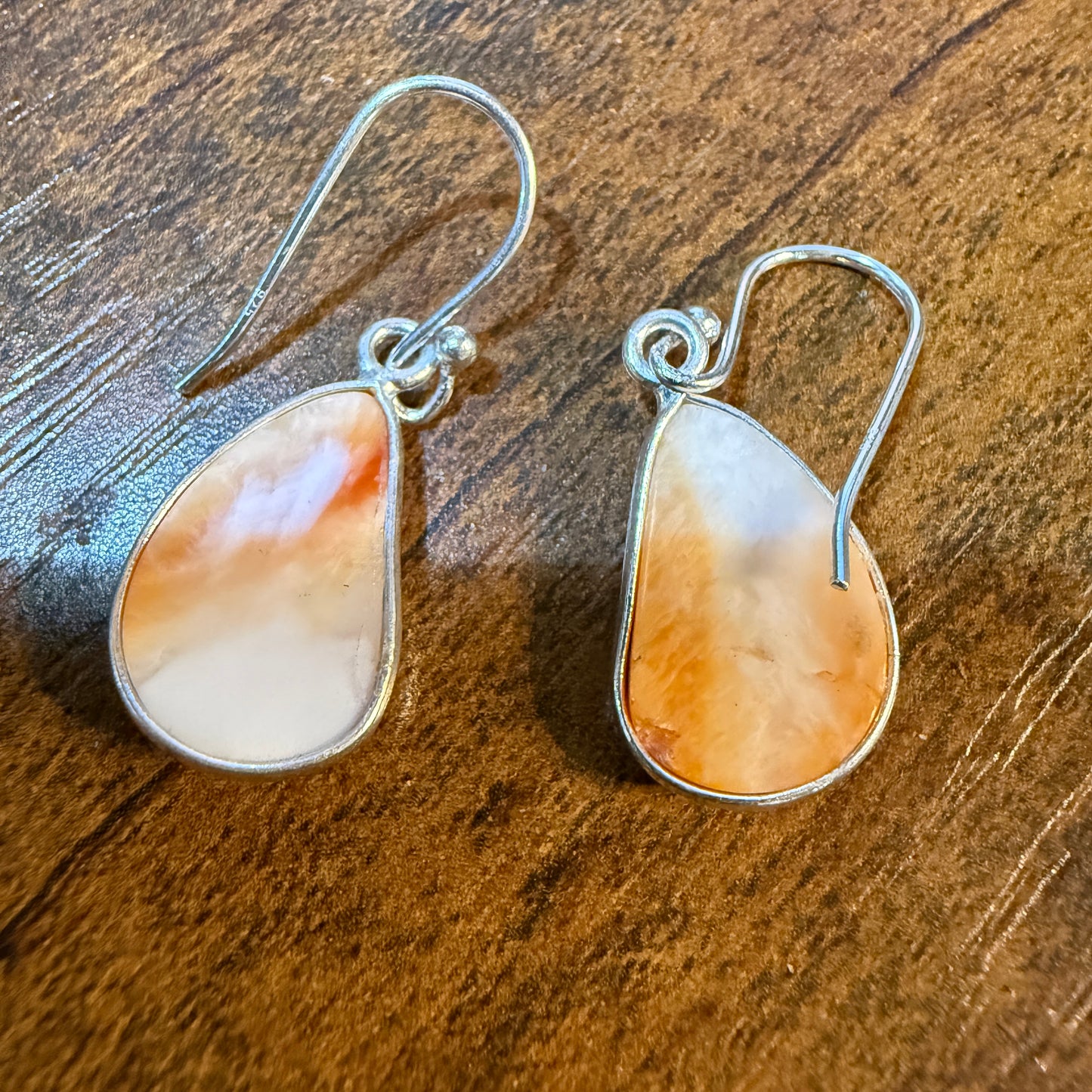 Orange Spiny Oyster Open Back Wire Dangle Earring, Sterling Silver Wild West Boho