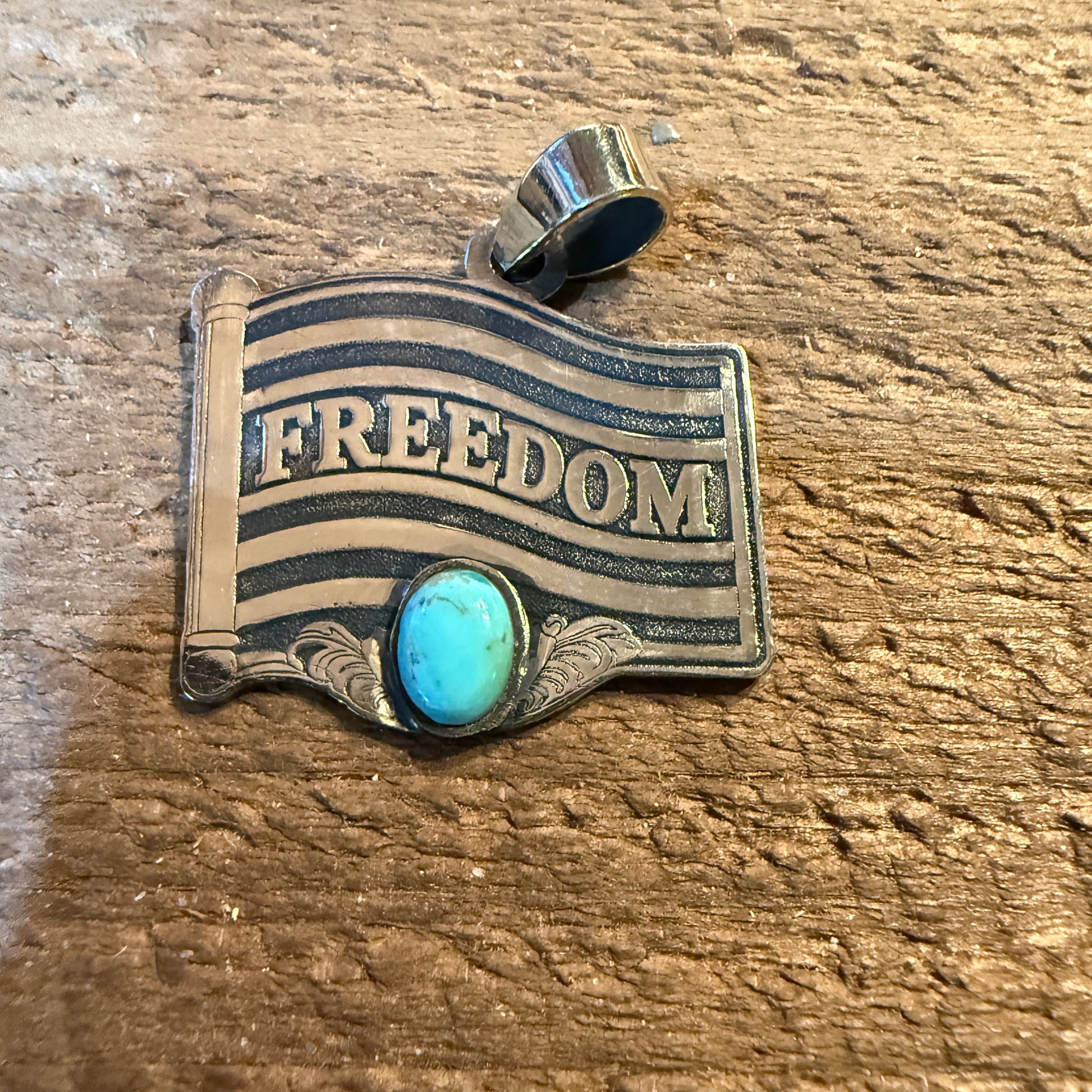 Patriot Freedom Flag Pendant in Kingman Turquoise and Sterling Silver Wild West Boho