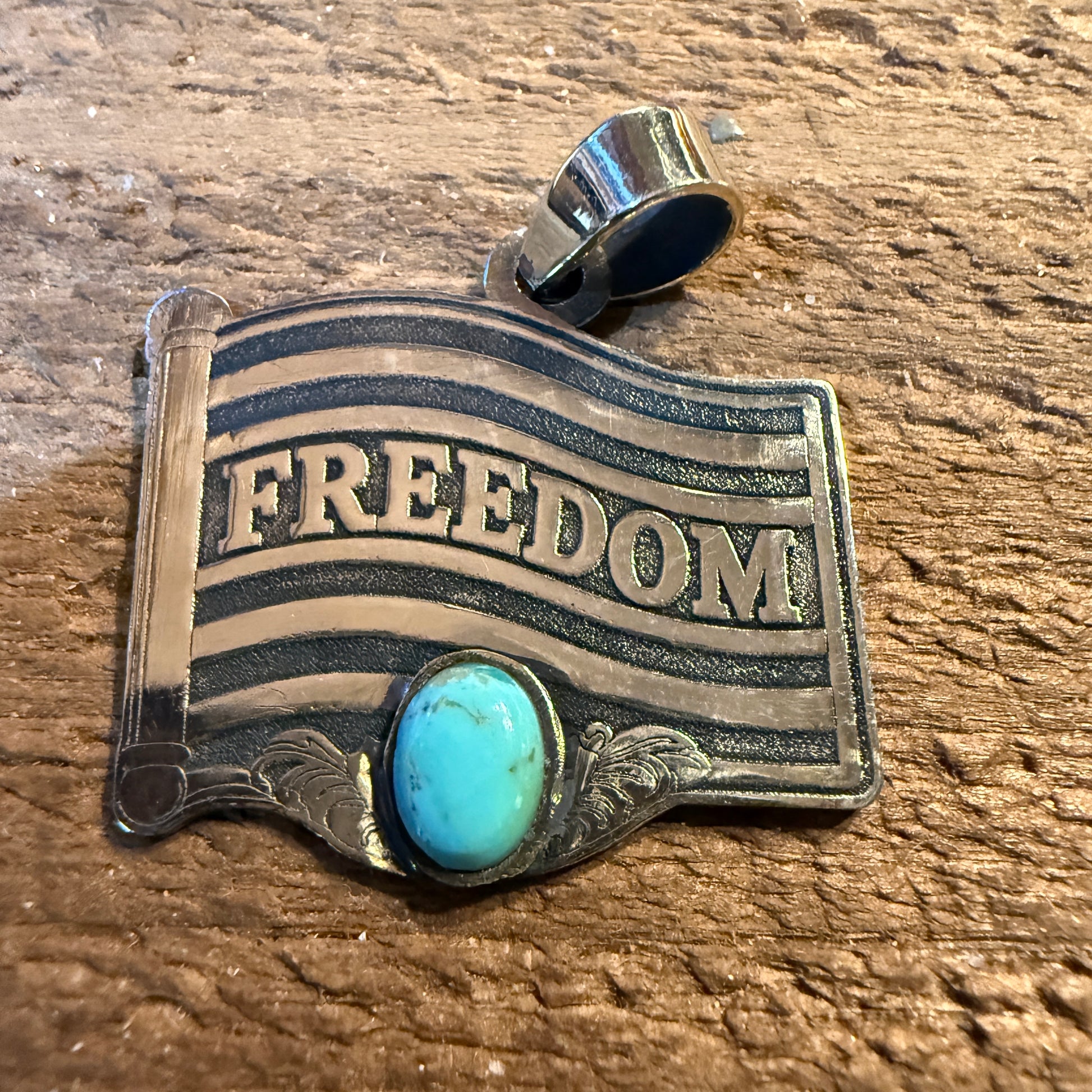 Patriot Freedom Flag Pendant in Kingman Turquoise and Sterling Silver Wild West Boho