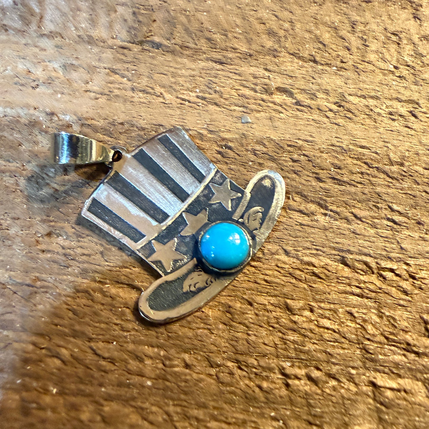 Patriot Freedom Uncle Sam Hat Pendant Kingman Turquoise in Sterling Silver Wild West Boho